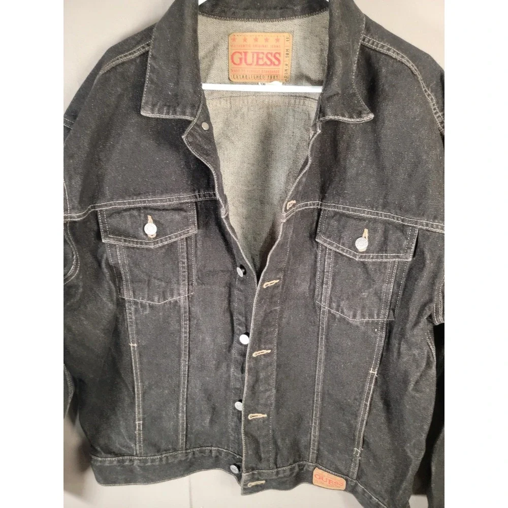 Vintage 90s Guess Denim Jacket Sz XXL Black Washed Jean Trucker 100% Cotton USA